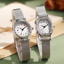 2pcs Women's Fashion Alloy Mesh Belt & Round Shell Quartz Wrist Watch Set - White - View 1