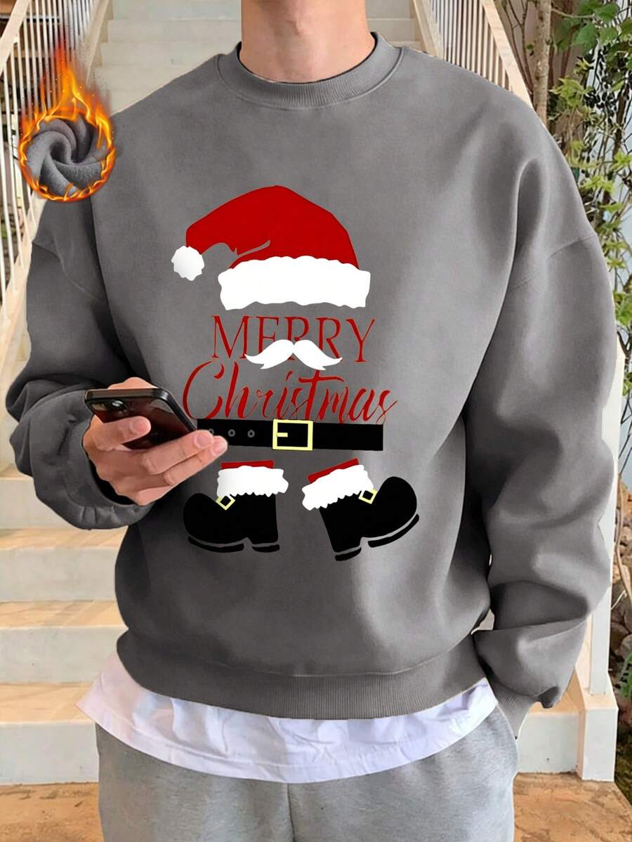 Moletom masculino quente com tema natalino, em algodão, forro quente, gola redonda, modelagem ampla, estilo casual e versátil, ideal para o outono/inverno e para o frio. Manga longa.