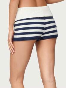 Women Striped Knit Micro Shorts Fold Over Elastic Waist Slim Fit Mini Bottom Y2k Lounge Sweater Shorts Summer Going Out Streetwear - Màu xanh đậm - Xem 4