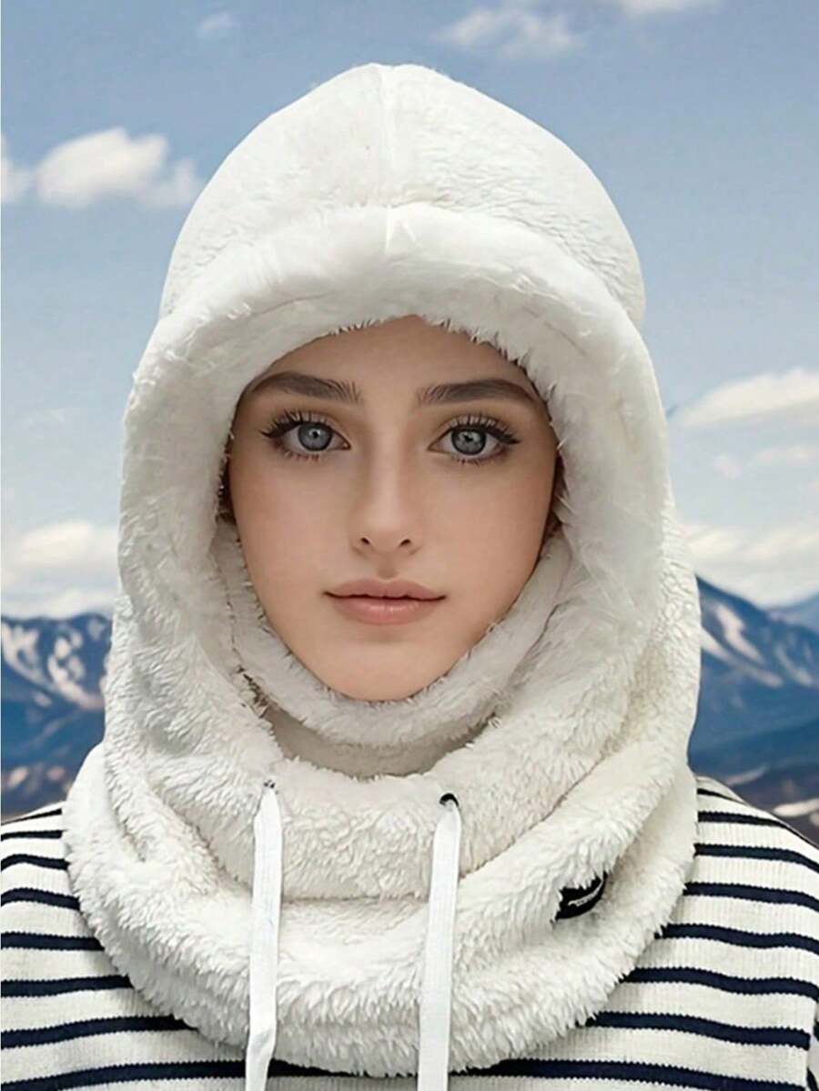 1pc Women Fleece Face Mask - Elastic Drawstring Design, Lightweight & Warm, Suitable For Cycling, Skiing, Outdoor Sports, Solid Color, Soft & Comfortable, Handwash, Thermal Lined Ear Warmer & Neck Gaiter All-In-One Hat, Essential For Women In Winter