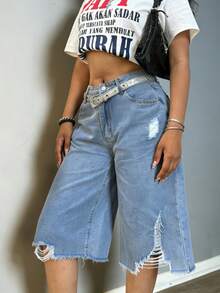 Chicsale Ripped Baggy Capri Jeans, Non-Stretch Loose Straight Leg Denim Pants, Y2K Streetwear - Rửa nhẹ - Xem 3