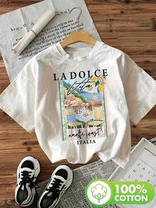 Camiseta gráfica de terraza italiana para mujeres - Blanca, ajuste holgado, top casual con diseño Ladole, 100% camiseta para atuendos diarios y formales - Camiseta lavable a máquina sin estiramiento - Blanco - Ver 1