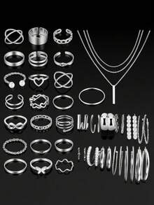 17KM 68件/58件/54件/35件 优雅星形、心形、蝴蝶结、花朵、仿珍珠、蝴蝶结耳环、戒指、项链、手链、脚链首饰套装，适合女性日常佩戴、装饰、约会、聚会、派对、情人节、送礼 - 銀色 - 查看 3