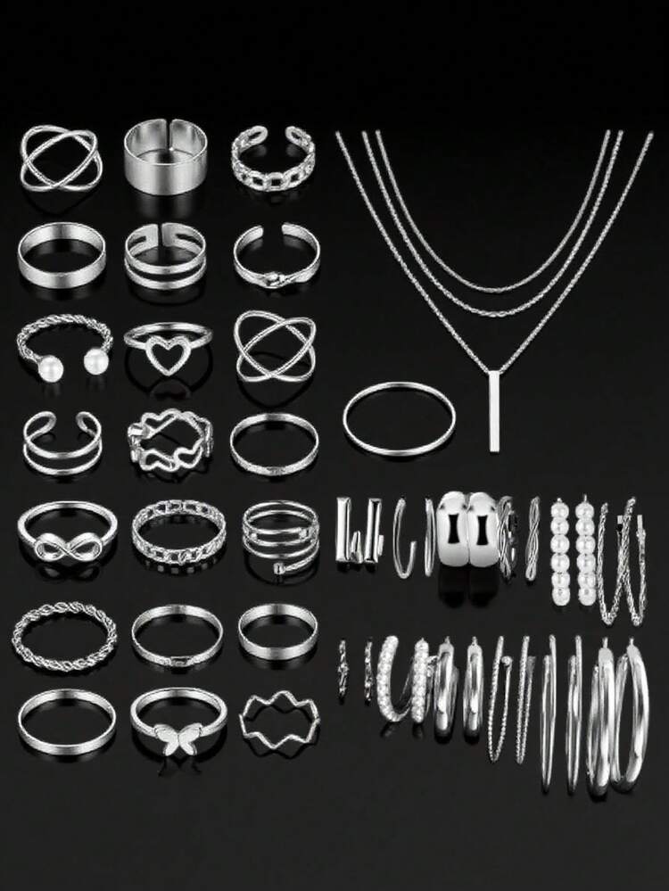 17KM 68 peças/58 peças/54 peças/35 peças Conjunto de Joias Elegante com Estrela, Coração, Borboleta, Flor, Pérola Falsa, Laço, Brincos, Anéis, Colares, Pulseiras, Tornozeleiras, Adequado para Uso Diário, Decoração, Encontros, Reuniões, Festas, Dia dos Namorados, Presentes - Prata - Visão 3