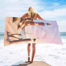 1条灯塔图案沙滩巾，速干、柔软、吸水性强的涤纶材质，现代设计