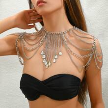 1件性感亚克力宝石金属链多层流苏身体链，适合女性日常佩戴或派对穿着 - 銀色 - 查看 4