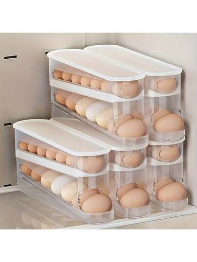 1个白色双层冰箱鸡蛋收纳盒，冰箱整理盒，厨房必备收纳用品，保鲜省空间，30个自动旋转蛋托，高效冰箱收纳方案，现代收纳盒，优质耐用塑料材质，双层鸡蛋架，适合繁忙家庭使用
