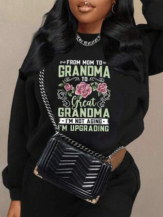 Plus Size Women's Daily "FROM GRANDMA TO GREAT GRANDMA・I'M NOT AGING・I'M UPGRADING" Round Neck Long Sleeves Casual Spring/Summer/Fall Women's Plus-Size Long-Sleeved Sweatshirt Going Out Tops Women,Vacation Outfits Women