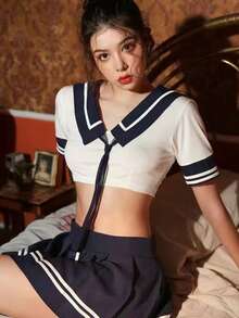 角色扮演校服三件套（上衣、百褶裙、丁字裤）；性感内衣套装；清纯校服；情人节和万圣节可爱水手服。春日白色 - 白色 - 查看 1