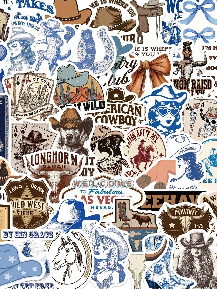 50pcs Blue Brown Denim Aesthetics Graffiti Stickers For DIY Waterproof Stationery Suitcase Bottle Phone Laptop - 1 Set - View 1