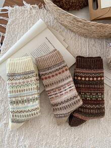 3双装女士加厚长筒袜，复古彩色休闲时尚过膝袜，秋冬款