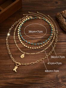 4件套复古西部牛仔风格项链套装，金色手工链条，搭配金属帽饰和靴子饰物，女士时尚珠宝配饰，适合拍照和户外旅行佩戴。手工链条的长度和珠子数量随机剪裁。 - 彩色 - 查看 4