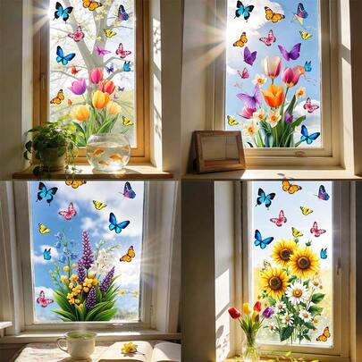 1/4 Pieza Pegatina de Ventana Primaveral, Calcomanía Estática de Mariposas y Flores Coloridas, Pegatina Visual de Doble Cara, Adecuada para Puertas de Vidrio y Sala de Estar, Anti-Colisión Anti-Pájaro, Película de PVC Reutilizable, Tulipanes, Girasoles, Margaritas, Mural de Arte Floral