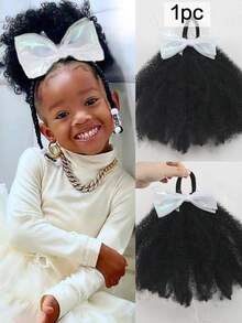 1pc/ Pack Shiny Bow Clip And Go Afro Kinky Marley Ponytail With Elastic Band Girls Kids Ponytail - Black - View 12