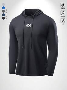 Men's Minimalist Long Sleeve Sweatshirt, With Adjustable Drawstring And Graphic Print Details, Men's Elastic Comfortable Casual Training Top, Men's Sports Fitness Shirt, Men's Breathable Casual Long Sleeve Hoodie, Suitable For Outdoor Sports, Ball Sports, Training, Jogging And Other Scenarios - Black - View 2