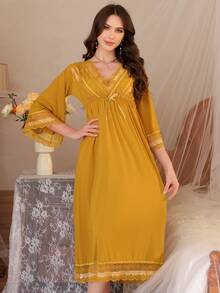 女士束腰睡裙，时尚七分袖睡衣连衣裙，性感睡裙 - 薑色 - 查看 2