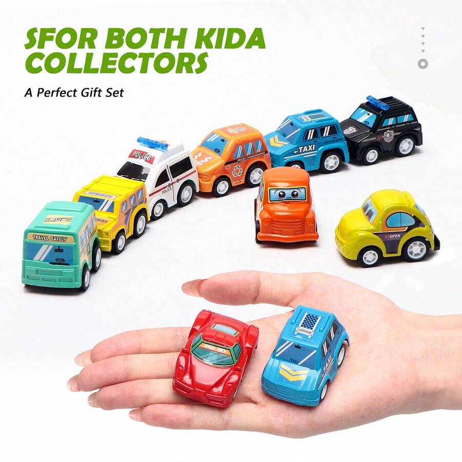 8件套迷你玩具车套装，包括赛车和城市服务车辆，适合作为男孩女孩的生日或节日礼物、课堂奖励、派对礼品（颜色、款式和图案随机搭配） - 彩色 - 查看 1