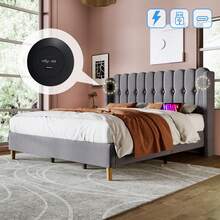 Upholstered Double Bed With USB Type-C Charging Function, Bed Frame With Slatted Base, Upholstered Bed In Grey, 160 X 200 Cm Bed Frame, Youth Bed For Bedroom/Guest Room - Linen Material (With Mattress) - Grey - View 6