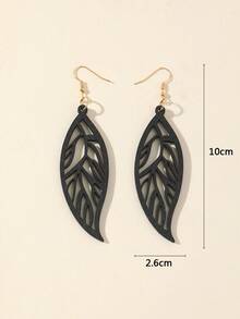 1 Pair Hollow Leaf Design Wooden Dangle Earrings, Minimalist & Casual For Women - Black 1 - View 2