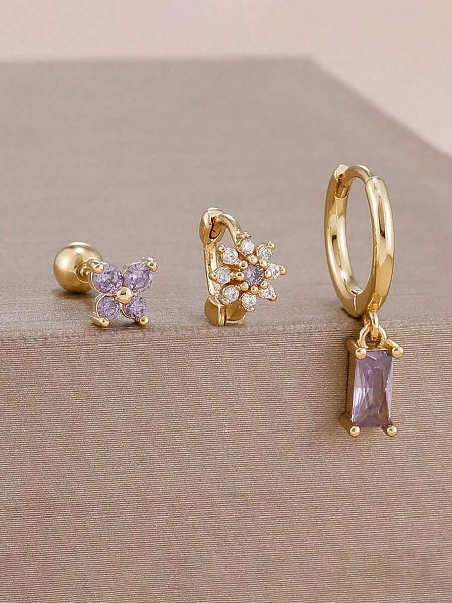 3件組 18K鍍金淡紫色鋯石蝴蝶耳釘與花朵耳環套組，12星座不鏽鋼耳環，低過敏耳軟骨穿刺飾品，情人節、媽媽、母親節禮物 - 金-19# - 查看 1