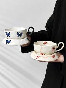 1set Cute Butterfly Ceramic Coffee Cup & Saucer Set, Hand-Painted Underglaze Butterfly Mug, Household Water Cup, Office Breakfast Milk Cup, Afternoon Tea Coffee Cup, Latte Art Cup, Juice Beverage Cup, Dessert Cake Plate, Couple Water Cup, Holiday Gift Cup - Multicolor - View 4