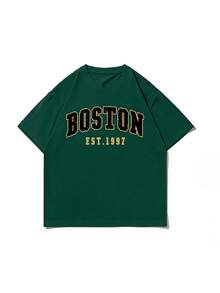 Camiseta de manga corta de cuello redondo con estampado de letra Boston para hombre de verano - Verde Oscuro - Ver 3