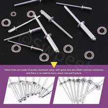 Swpeet - Juego de 560 remaches plateados de 3/32 pulgadas, 1/8 pulgadas, 5/32 pulgadas, 3/16 pulgadas, surtido de remaches con arandelas de respaldo de acero inoxidable, remaches ciegos de aluminio - Plateado - Ver 5