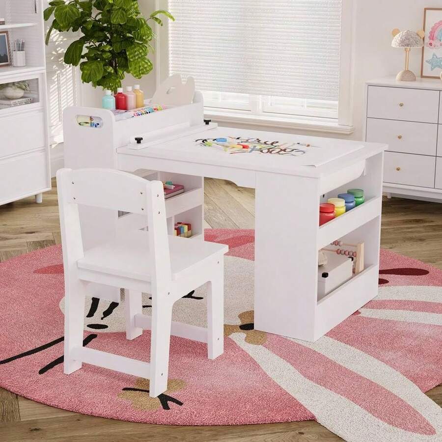 Mesa de arte infantil de 49 pulgadas, mesa grande para manualidades con 2 sillas, computadora de arte multifuncional con estantes de almacenamiento para habitación de los niños, jardín de - Blanco - Ver 1