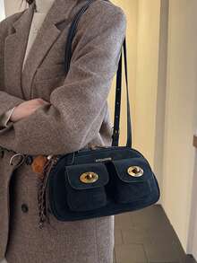 女士复古纯色PU皮革单肩包，多口袋大容量，配有可拆卸吊坠 - 黑色 - 查看 5