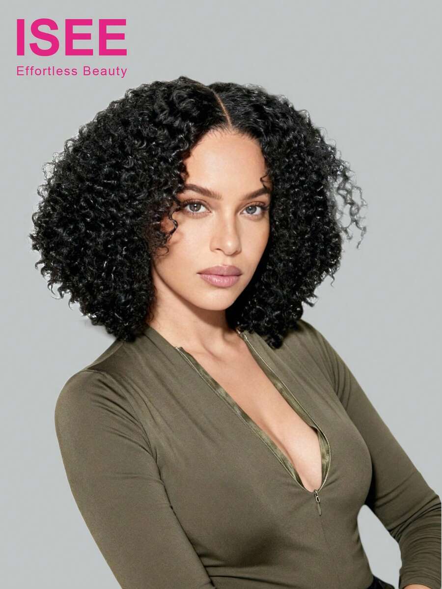 ISEE Hair Afro Curly Wear Go Glueless Transparent Lace Wigs 7*5 Lace Front Wigs 12-14 Bob Inch 180% Density Pre-Bleached Mini Knots Lace Wig Pre-Cut Closure Lace & Pre-Plucked Hairline Unprocessed Human Hair Natural Hairline Top - SNatural - View 1