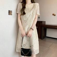 休闲优雅女士及膝连衣裙，圆领，短袖，精致刺绣，夏季款 - 杏色 - 查看 7