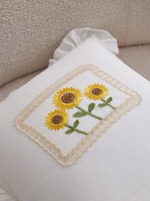 1pc French Elegant Embroidered Sunflower Pattern Throw Pillow Cover, Bohemian Floral Design With Delicate Ruffled Lace Trim And Durable Washable Fabric, Convenient Zipper Closure, Ideal Decor For Living Room, Bedroom, Sofa, And Wedding Scenes, Pillow Insert Not Included