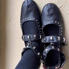 法式复古铆钉芭蕾舞鞋，女士系带平底皮鞋 - 黑色 - 查看 4