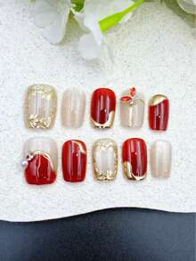 10片手工美甲贴纸，红色短梯形，香氛风格，法式美甲，按压式美甲贴纸，适合新年、情人节、UV灯美甲、夏季、日常佩戴，优雅设计，高端法式风格，凝胶抛光