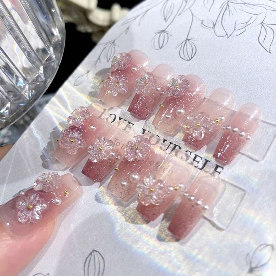 24pcs Flower Pearl Setting Pink Long Fake Nails Lightweight Easy Stick Fingernail DIY Decoration - 24PCS - View 1