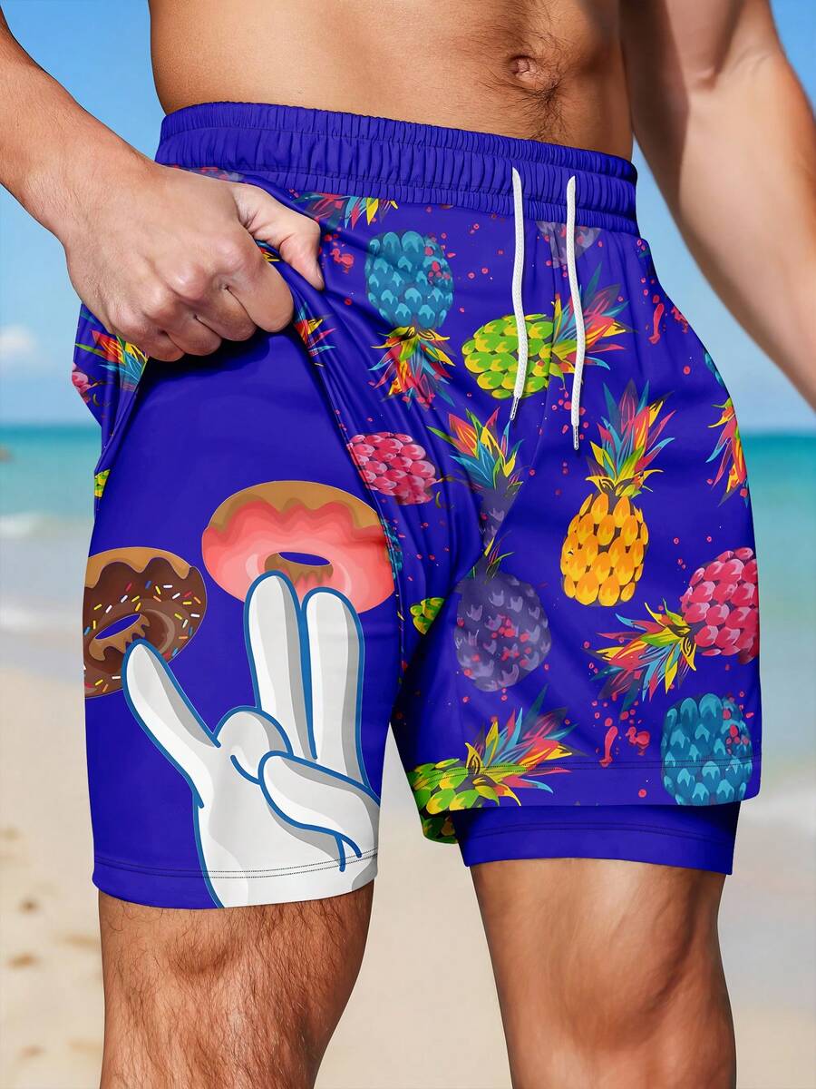 Pantalones cortos de playa de doble capa suaves con cintura elástica y cordón, con estampado de patrones coloridos para hombres - azul real - Ver 1