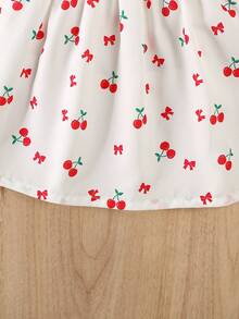 Spring/Summer Valentines Day Girls Dress, Elastic Waist Puff Sleeve Short Sleeve Dress, Cherry Blossom & Bow Print, Sweet & Cute, Casual Everyday/Holiday Outfit - White - View 7