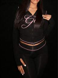 Damska bluza z kapturem i długim rękawem na jesień, zamek błyskawiczny, nadruk z napisem "Dziewczyna", wygodne spodnie dresowe, odpowiednie do podróży i na zewnątrz, jesienny strój na co dzień