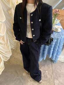 Women's Casual Blue Short Jacket, Autumn/Winter New Arrival - Navy Blue - View 10