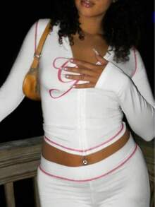 女士秋季长袖连帽卫衣套装，拉链设计，“Girl”字母印花，舒适运动裤，适合旅行和户外活动，秋季休闲装扮，春季白色 - 白色 - 查看 2