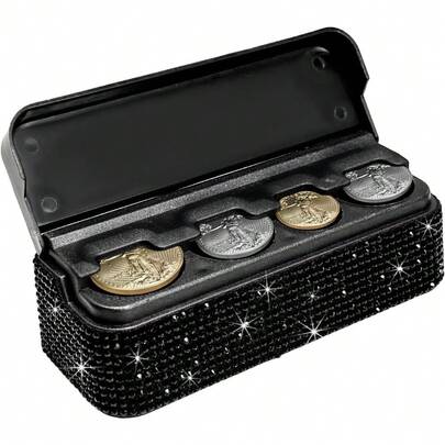 Bling Coin Holder For Car, Crystal Rhinestone Coin Change Storage Box With 4 Compartment, Universal Portable Diamond Money Organizer Dispenser For Most Cars SUVs Trucks (Black)
