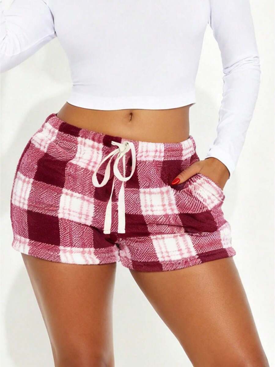 Womens Plaid Shorts Casual Elastic Waist Drawstring Mini Lounge Shorts With Pockets For Daily - Burgundy - View 1
