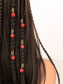 6件套女士编织爱心吊坠发饰，粉色和浅粉色爱心吊坠发饰，发型设计，情人节爱心发饰，编织装饰，耳环，发夹，发卡，发夹，情人节配饰礼物，情人节配饰，头部配饰 - 紅色 - 查看 1