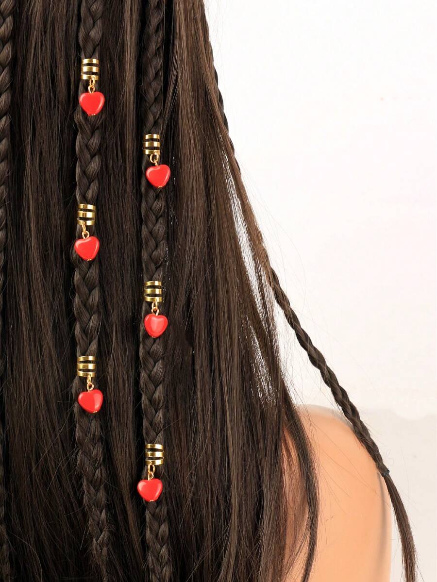 6件套女士编织爱心吊坠发饰，粉色和浅粉色爱心吊坠发饰，发型设计，情人节爱心发饰，编织装饰，耳环，发夹，发卡，发夹，情人节配饰礼物，情人节配饰，头部配饰 - 紅色 - 查看 1