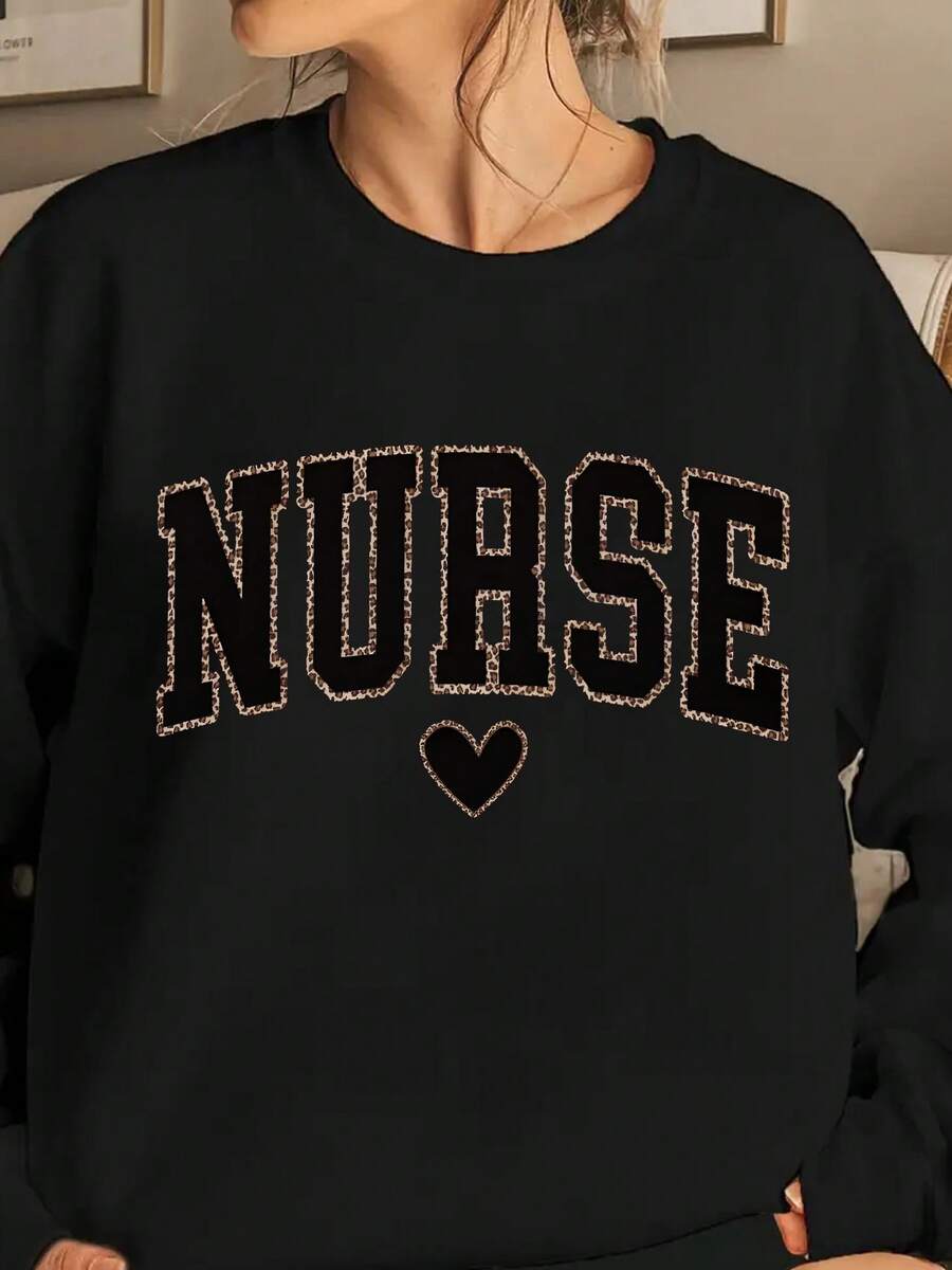 2026 Long Sleeve Tops Women Leopard Print Registered Nurse Sweatshirt - Nurse Zhou Loose Style Sweater, Nurse Graduation Gift, New Nurse Apparel, Comf - 黑色 - 查看 1