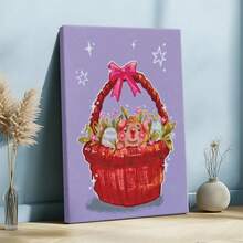 1pc Wooden Framed Wall Art, Wrapped Canvas Vintage Prints Poster, Animal In Basket, Eggs, Flowers - Botanical, Whimsical, Colorful, Playful Style, Perfect Gift Decor, Wall Art For Living Room Bedroom Office, Hanging Hardware Included - Wrapped Framed Canvas, Vertical - Framed Canvas - 查看 4