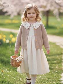 Tween Girl Knitted Embroidered Floral Decor Long Sleeve Cute Cardigan - Màu Khaki - Xem 3