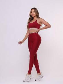 Premium Suplex Fitness Set With Leggings And Padded Top, No Transparency, Gym Workout Kit, High Compression Leggings. - 胭脂紅/肉桂 - 查看 2