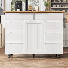 Modern Kitchen Island, Kitchen Unit, Extendable Rolling Cart With Worktop, Serving Trolley With Spice Rack And 8 Drawers, White - White - View 9