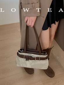 low tea 1个低茶色纯色PU皮革单肩包，女士复古时尚方形手提包，顶部双提手，拉链封口，适合旅行、购物、约会、女士礼物，也适合通勤、户外活动、旅行、徒步。 - 查看 5